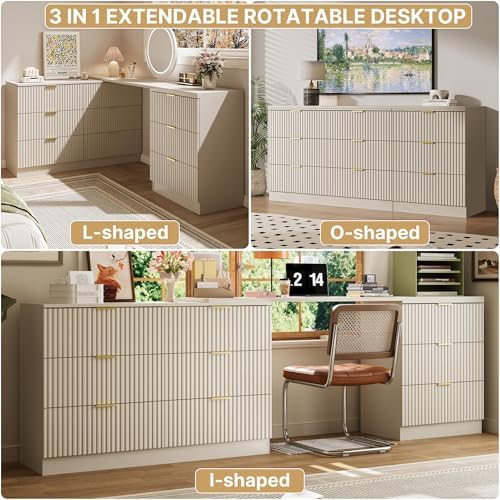 MAISONARIA L-Shaped Rotatable 9 Drawer Dresser for Bedroom, 71" Wide Deformable Beige Dresser with Gold Metal Handles, Modern Fluted Chest of Drawers for Bedroom, Living Room, Entryway, Hallway - Image 4