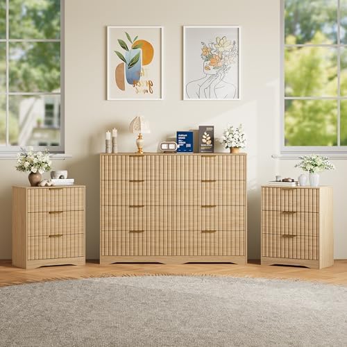 8 Drawer Dresser and Nightstand Sets for Bedroom, Modern Fluted 3 Pcs Bedroom Dresser Furniture Sets, Wood Chest of Drawers and Nightstand Set of 2 with Metal Handles, Natural Oak by METOTI