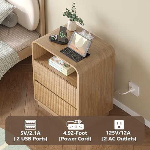 BORNOON Dresser with 2 Drawers and Charging Station, Fluted Bedside Table with Round Curved Corner, Hidden Handles, 2 AC Outlets and 2 USB Ports, Modern Wood End Table with Open Shelf for Bedroom - Image 4