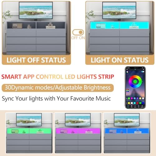 Gyfimoie Grey 6-Drawer Dresser for Bedroom w/Power Outlet and LED Light - Image 6