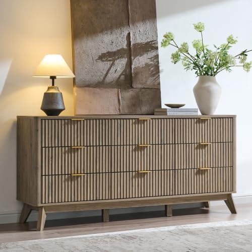 T4TREAM 63" Wide Fluted 9 Drawer Dresser for Bedroom, Grey Alder by T4TREAMFurniture