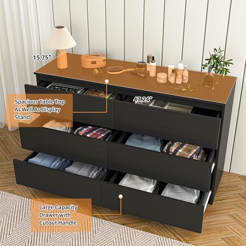 Vibe & Dine Double Dresser 6 Drawer, Modern Chest of Drawers with Wide Storage for Closet, Bedroom, Living Room, Black - Image 5