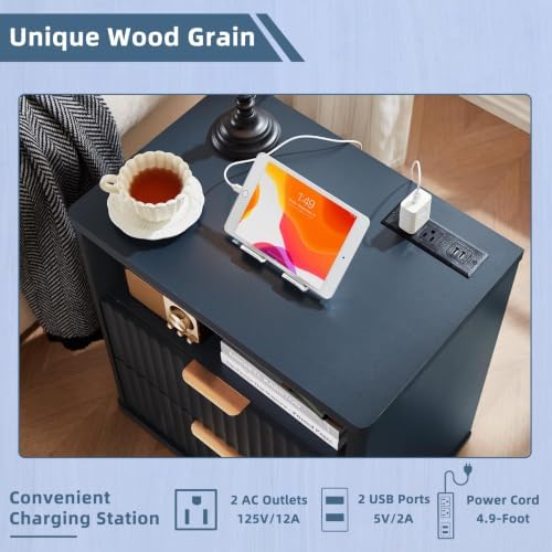 LEYAOYAO Fluted Nightstand with Charging Station, 23" Modern Night Stand with Woodgrain Top, 2 Drawer End Table w/Storage, Bedside Tables for Bedroom, Living Room, Curved Profile Design, Blue - Image 6