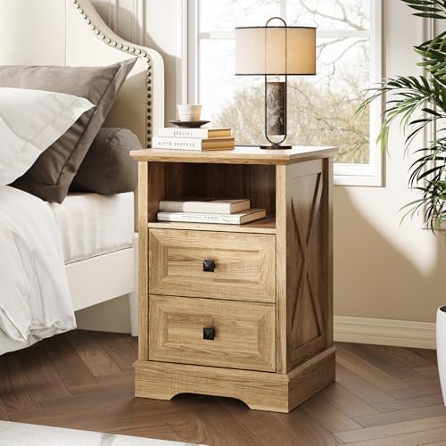 Farmhouse 2 Drawers Dresser,Natural Oak Small Dresser with Charging Station by FFBCFDKFurnitureSet
