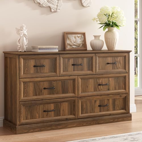 Farmhouse 7 Drawer Dresser for Bedroom, 55" Walnut Dresser with TV Stand by CARPETNAL