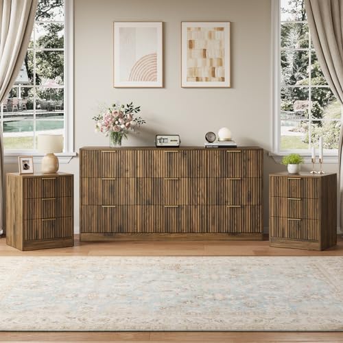 9 Drawer Dresser & 3-Drawer Nightstand Set 3-Piece, Walnut丨63 Long Dresser Set Night Stand Set of 2 with Metal Handle, Modern Wood Chest of Drawers Storage Dressers Set for Bedroom by NOVAMAISON