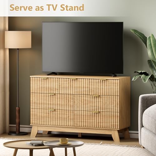 Wodeer 7 Drawer Fluted Dresser for Bedroom, Mid Century Modern Wooden Dresser with 7 Drawers, Dressers & Chests of Drawers with Metal Handle, TV Stand & Storage Organizer for Entryway, Hallway, Oak - Image 3