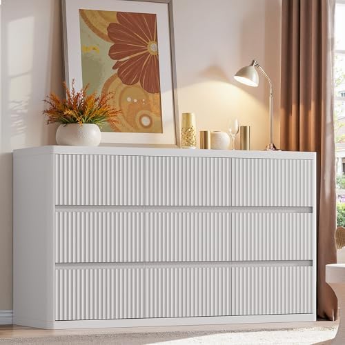 Standifurno White 9 Drawers Dresser, 57" Wide Fluted Dresser for Bedroom, Modern Chest of Drawers with Curved Profile, Handleless, Wooden TV Stand with Organizer Storage for Living Room, Entryway by StandifurnoFurniture