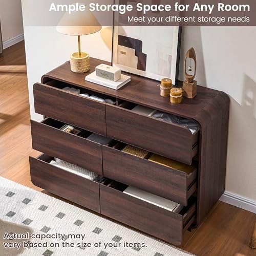Standifurno Walnut 6 Drawer Dresser, Curved Chest of Drawers for Bedroom, 47 Inch Wide Dresser with Deep Drawers for Clothes, Modern Drawer Closet for Bedroom, Living Rooms, Offices, Entryways - Image 4