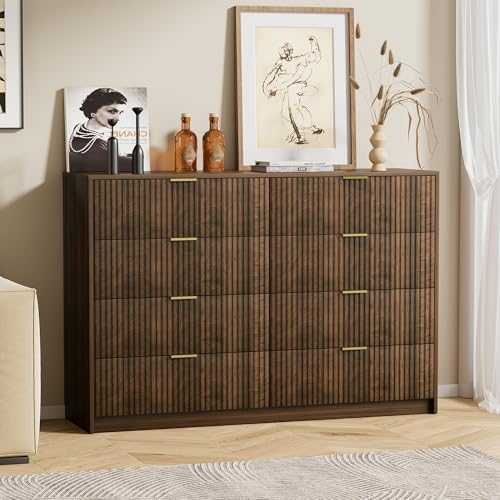 Furniway Walnut Dresser for Bedroom, Modern Dresser with 8 Drawers and Smooth Slides, Wide Chest of Drawers with Golden Handles for Bedroom, Closet, 15.7" D x 55" W x 37.4" H - Image 7
