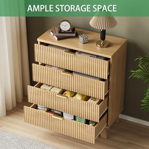 Xixini Fluted Nightstand with 4 Drawers, 31.5" Wide Side Table, Natural Oak - Image 6