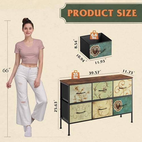 WLIVE Dresser for Bedroom with 6 Fabric Drawers, Floral Painted - Image 3