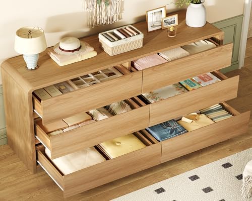 TEENFON 55" Dresser for Bedroom with 6 Drawers, Dressers & Chests of Drawers with Curved Profile Design, 6 Drawer Dresser, Bedroom Dressers, Wood Dressers for Bedroom, Hallway, Natural - Image 3
