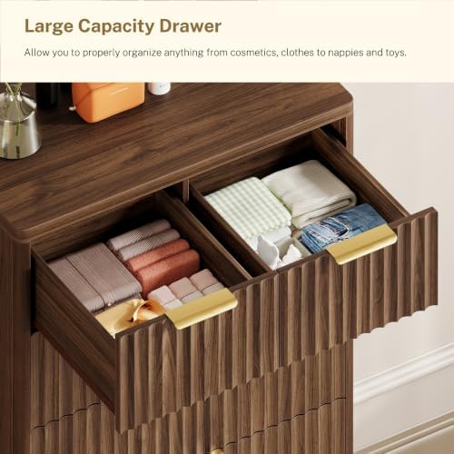 TEENOFN Fluted Dresser for Bedroom with 7 Drawers, 48" Tall Modern Chest of Drawers with Metal Handle, Wooden Dresser TV Stand, Wood Closet Clothes Storage Organizer for Living Room, Hallway, Walnut - Image 5