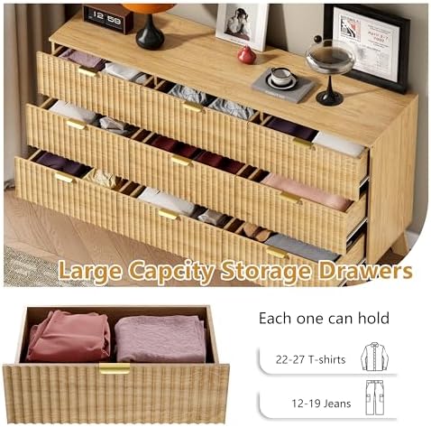 Wodeer 9 Drawer Fluted Dresser for Bedroom, Mid Century Modern Wooden Dresser with 9 Drawers, Dressers & Chests of Drawers with Metal Handle, TV Stand & Storage Organizer for Entryway, Hallway, Oak - Image 4