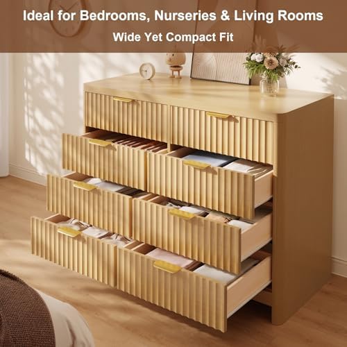 Fluted 8 Drawer Dresser for Bedroom, 47" Wide Modern Chest of Drawers with Metal Handle & Storage, Wooden Dresser TV Stand, Closet Clothes Storage Organizer for Living Room, Natural Oak Dresser - Image 5