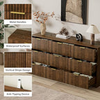 Furniway Walnut Dresser for Bedroom, Modern Dresser with 9 Drawers and Smooth Slides, Wide Chest of Drawers with Golden Handles for Bedroom, Living Room, Closet, 15.7" D x 63" W x 31.5" H - Image 4