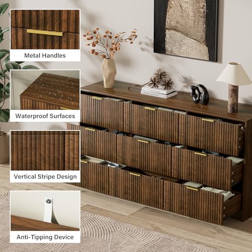 Furniway Walnut Dresser for Bedroom, Modern Dresser with 9 Drawers and Smooth Slides, Wide Chest of Drawers with Golden Handles for Bedroom, Living Room, Closet, 15.7" D x 63" W x 31.5" H - Image 4