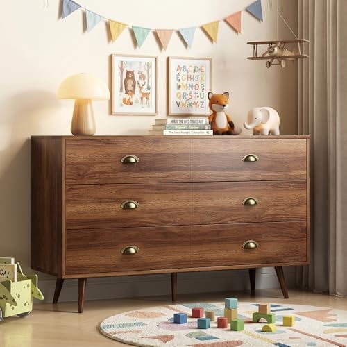 Walnut 6 Drawer Dresser for Bedroom, 47" Wood Dresser with Gold Handles. - Image 4