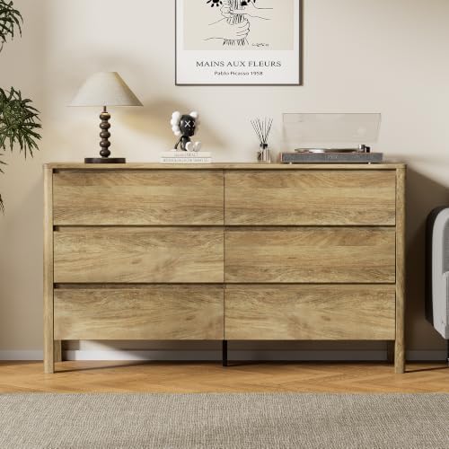 55.1" Wide 6 Drawer Wood Dresser for Bedroom with Legs, Natural Oak - Image 7