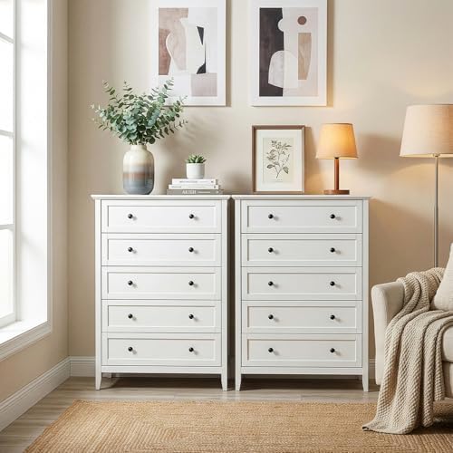 Karl home White Farmhouse 5 Drawers Tall Dresser, Bedroom Storage Chest - Image 2
