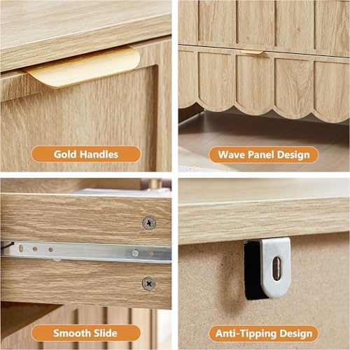 ORRD 5 Drawer Dresser for Bedroom Set of 2, Modern Closet Chest of Drawers with Wave Fluted Drawer, Wood Storage Small Dresser Organizer for Nursery Bedroom Living Room Hallway Closet (Natural) - Image 4