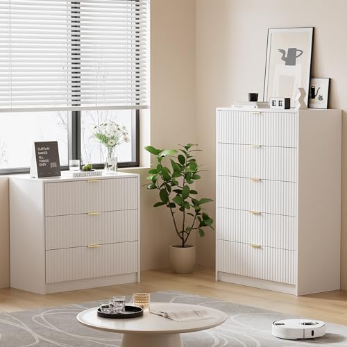 Furniway White Dresser for Bedroom, Modern Dresser with 5 Drawers and Smooth Slides, Wide Chest of Drawers with Golden Handles for Bedroom, Living Room, Closet, 15.7" D x 31.5" W x 47.2" H - Image 6