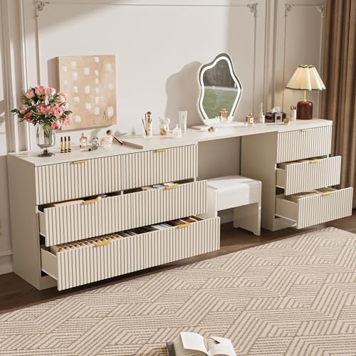 MAISONARIA L-Shaped Rotatable 9 Drawer Dresser for Bedroom, 71" Wide Deformable Beige Dresser with Gold Metal Handles, Modern Fluted Chest of Drawers for Bedroom, Living Room, Entryway, Hallway - Image 6