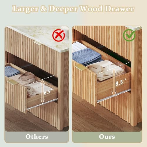 HUAHUU Fluted Dresser for Bedroom with 7 Drawers, 53" Wide Mid Century Modern Dressers with Faux Marble Top & Metal Handle, Wooden Chest of Drawers TV Stand, Natural Oak - Image 6