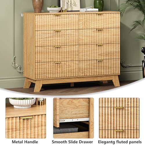 Wodeer 8 Drawer Fluted Dresser for Bedroom, Mid Century Modern Wooden Dresser with 8 Drawers, Dressers & Chests of Drawers with Metal Handle, TV Stand & Storage Organizer for Entryway, Hallway, Oak - Image 5