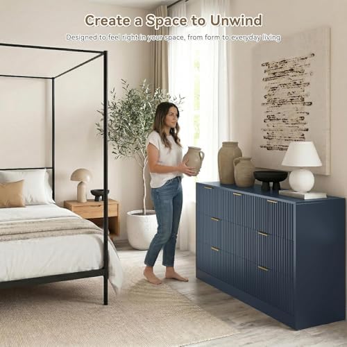 Navy Blue 7 Drawer Dresser for Bedroom, 55" Wide Fluted Chest of Drawers with Gold Metal Handles, Modern Wood Dresser Closet Storage Organizer Mid Century TV Stand for Living Room Hallway - Image 4