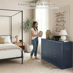Navy Blue 7 Drawer Dresser for Bedroom, 55" Wide Fluted Chest of Drawers with Gold Metal Handles, Modern Wood Dresser Closet Storage Organizer Mid Century TV Stand for Living Room Hallway - Image 4