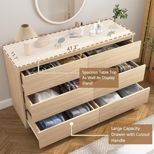 Vibe & Dine 6 Drawer Double Dresser, Modern Chest of Drawers with Wide Storage for Closet, Bedroom, Living Room, Natural Wood - Image 5