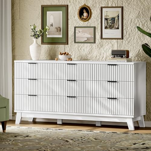Xixini Fluted Dresser with 9 Drawers, 63" Wide Modern Chest of Drawers with Metal Handle, Wooden Dresser TV Stand, Wood Closet Clothes Storage Organizer for Bedroom, Living Room, Hallway, Solid White - Image 3