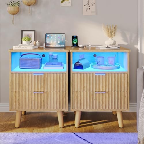 VIAGDO Fluted Nightstand Set of 2 with Charging Station and LED Lights, Modern Night Stand Set 2 with Drawers and Open Storage Cabinet, Bed Side Tables with Gold Metal Handle for Bedroom, Natural Oak by VIAGDO