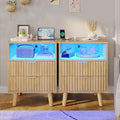 VIAGDO Fluted Nightstand Set of 2 with Charging Station and LED Lights, Modern Night Stand Set 2 with Drawers and Open Storage Cabinet, Bed Side Tables with Gold Metal Handle for Bedroom, Natural Oak by VIAGDO