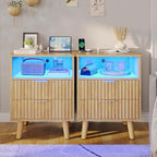 VIAGDO Fluted Nightstand Set of 2 with Charging Station and LED Lights, Modern Night Stand Set 2 with Drawers and Open Storage Cabinet, Bed Side Tables with Gold Metal Handle for Bedroom, Natural Oak by VIAGDO