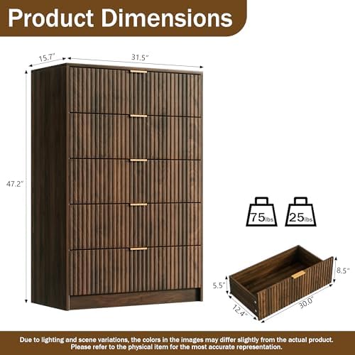 Furniway Walnut Dresser for Bedroom, Tall Dresser with 5 Drawers and Smooth Slides, Modern Chest of Drawers with Golden Handles for Bedroom, Living Room, Closet, 15.7" D x 31.5" W x 47.2" H - Image 2