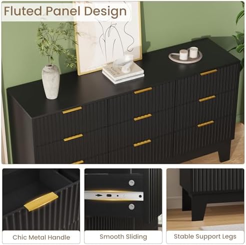 GarveeHome 59" Wide Fluted 9 Drawers Dresser, Black - Image 4