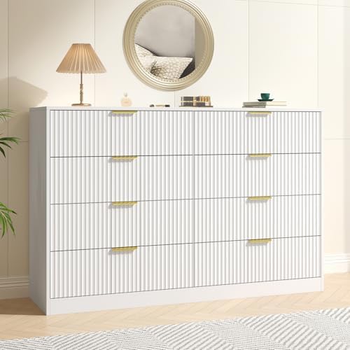 White Dresser with 8 Drawer 55" Wide Fluted Dresser for Bedroom丨Double Drawer Dresser Modern Chest of Drawers with Gold Handle, Wood TV Stand for Bedroom, Living Room, Entryway, White by NOVAMAISON