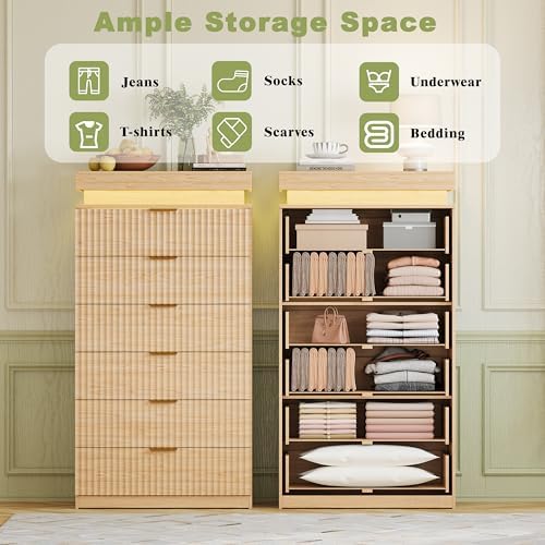 Tall 6 Drawer Dresser LED Lights & Charging Station Natural Oak - Image 4