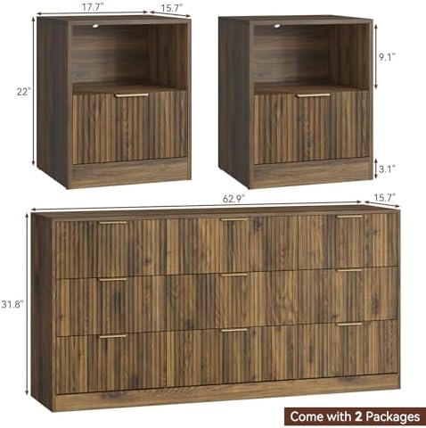 3-Piece 9 Drawer Dresser and 1-Drawer Nightstand Set, Walnut丨63 Wide Fluted Bedroom Dresser Set Night Stand Set of 2, Modern Wood Chest of Drawers Storage Dressers Set for Bedroom - Image 2