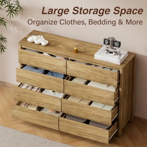 Furniway 55" Wide 8 Drawer Wood Dresser for Bedroom with Legs, Natural Oak - Image 5