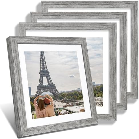 Hongkee 12x12 Picture Frame Set of 4 - Made of Glass and Grey Wooden Frame, Display Square Pictures 10x10 with Mat or 12 x 12 without Mat, Desktop & Wall Collage Photo Frame by Hongkee