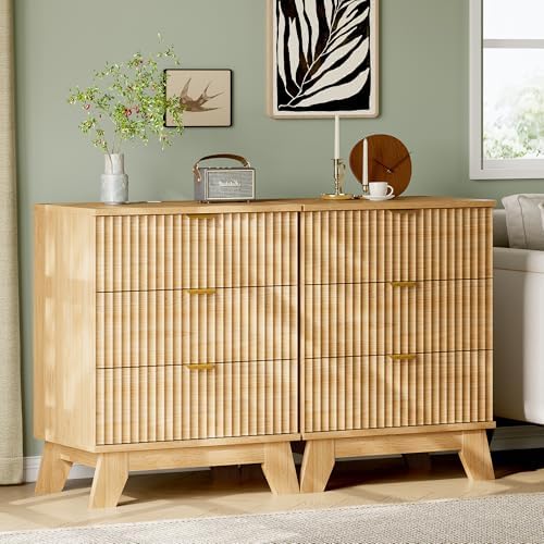 Xixini Fluted Nightstand with Charging Station, Tall Bedside Table, Oak - Image 7