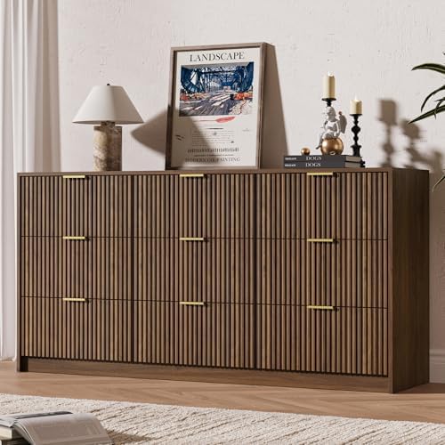 MAISONARIA 9 Drawer Dresser for Bedroom, 63" Wide Modern Fluted Dresser with Gold Metal Handles, Chest of Drawers for Bedroom, Living Room, Entryway, Hallway, Walnut by MAISONARIA