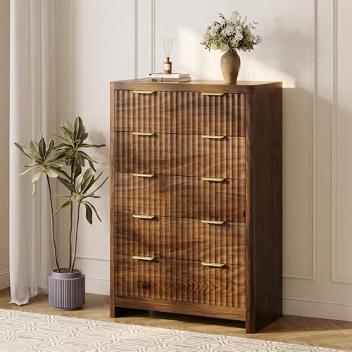 Fluted 47" Tall Dresser for Bedroom with 5 Drawers, Modern Chest of Drawers with Metal Handle & Deep Storage, Wood Closet Clothes Storage Organizer for Living Room & Hallway, Walnut Brown Dresser - Image 6