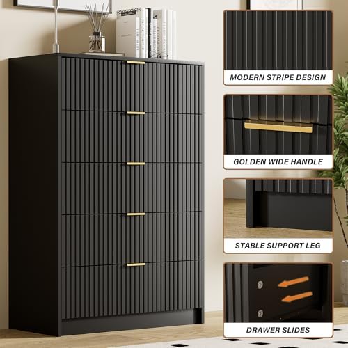 Furniway Black Dresser for Bedroom, Modern Dresser with 5 Drawers and Smooth Slides, Wide Chest of Drawers with Golden Handles for Bedroom, Living Room, Closet, 15.7" D x 31.5" W x 47.2" H - Image 3