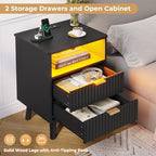 VIAGDO Fluted Nightstand Set of 2 with Charging Station and LED Lights, Modern Night Stand Set 2 with 2 Drawers and Open Storage Cabinet, Bed Side Tables with Gold Metal Handle for Bedroom, Black - Image 3