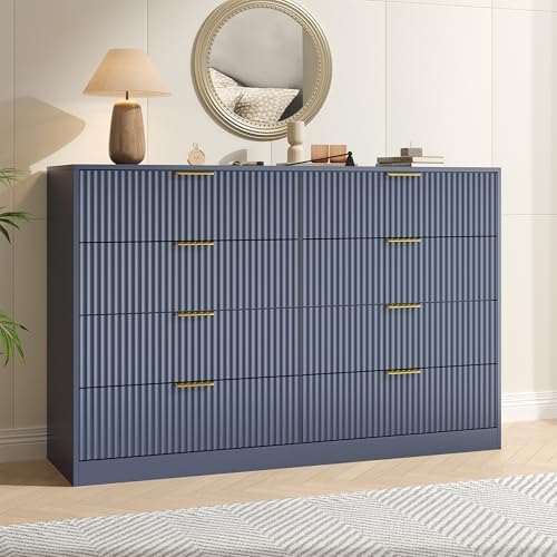 Blue Fluted Dresser Bedroom with 8 Drawer,55” Wide White Double Drawer Dresser Modern Chest of Drawers with Gold Handles,Wood TV Stand for Bedroom,Living Room (Blue, 8 Drawer Dresser) by NOVAMAISON